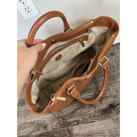 Authentic Tory Burch Robinson Perforated Tote Double Zip Satchel Brown No Strap - Picture 7 of 16